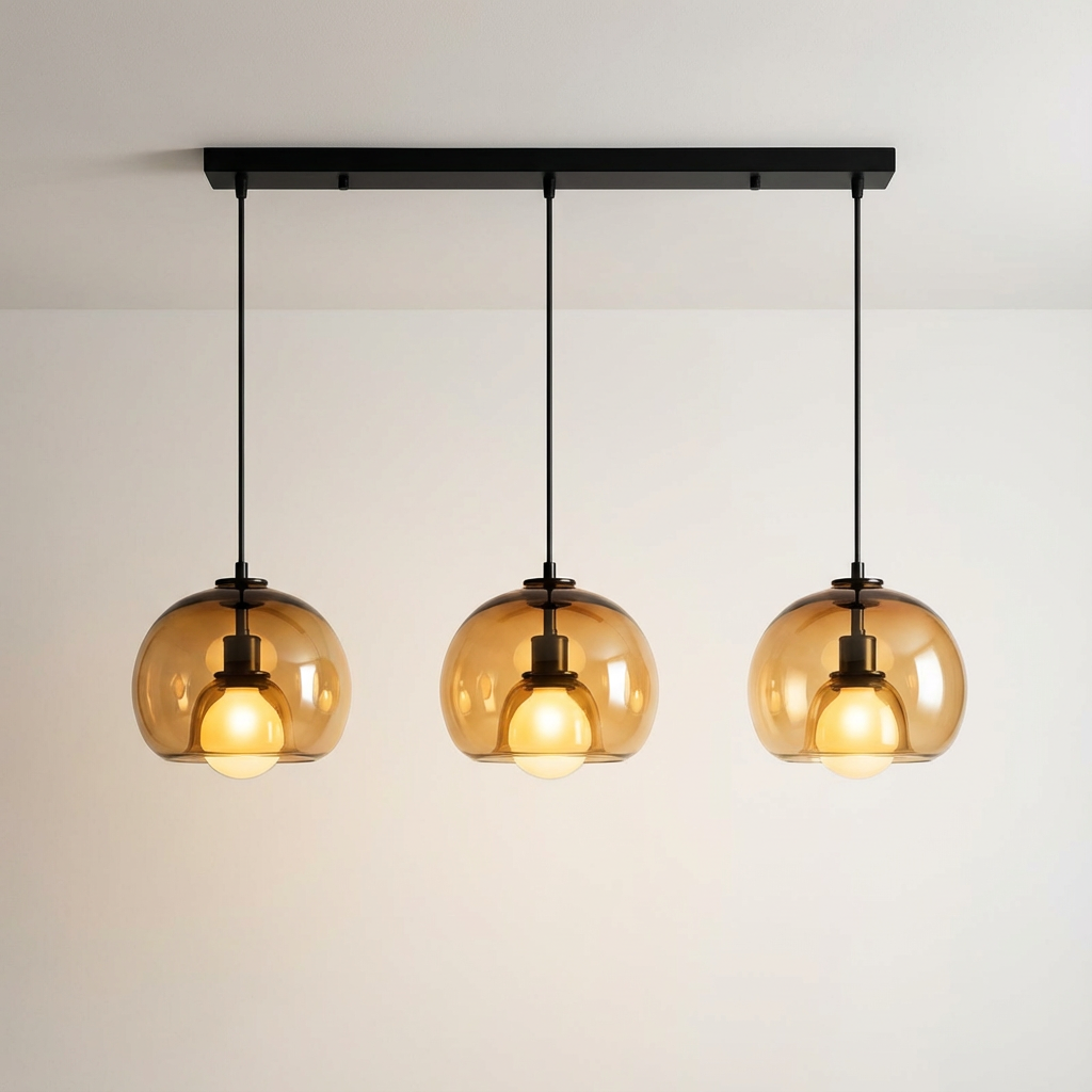 Anele smoke grey dome glass pendant light in a row of three above a kitchen island