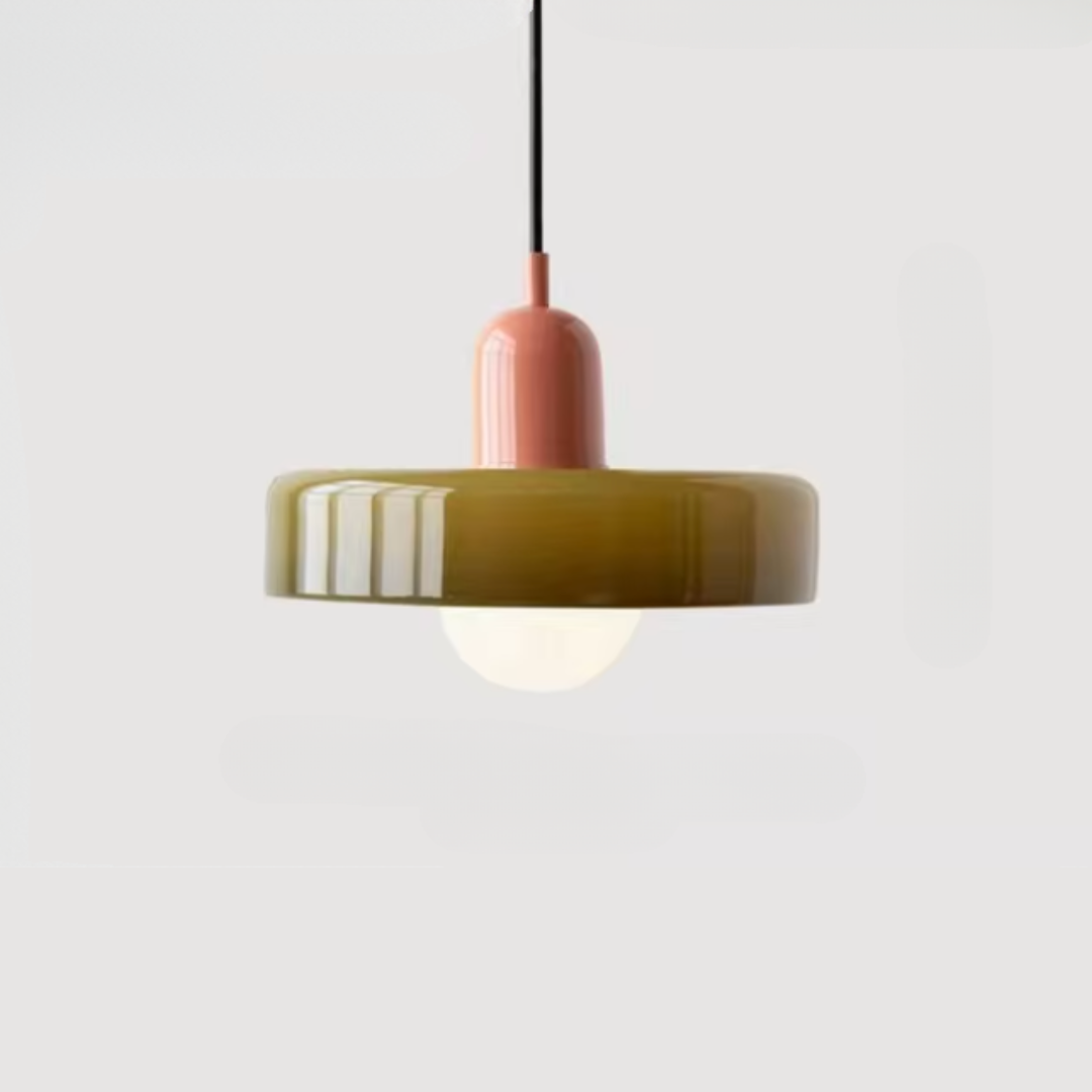Kalle beige and white Bauhaus dual-tone glass pendant light hanging above a dining table