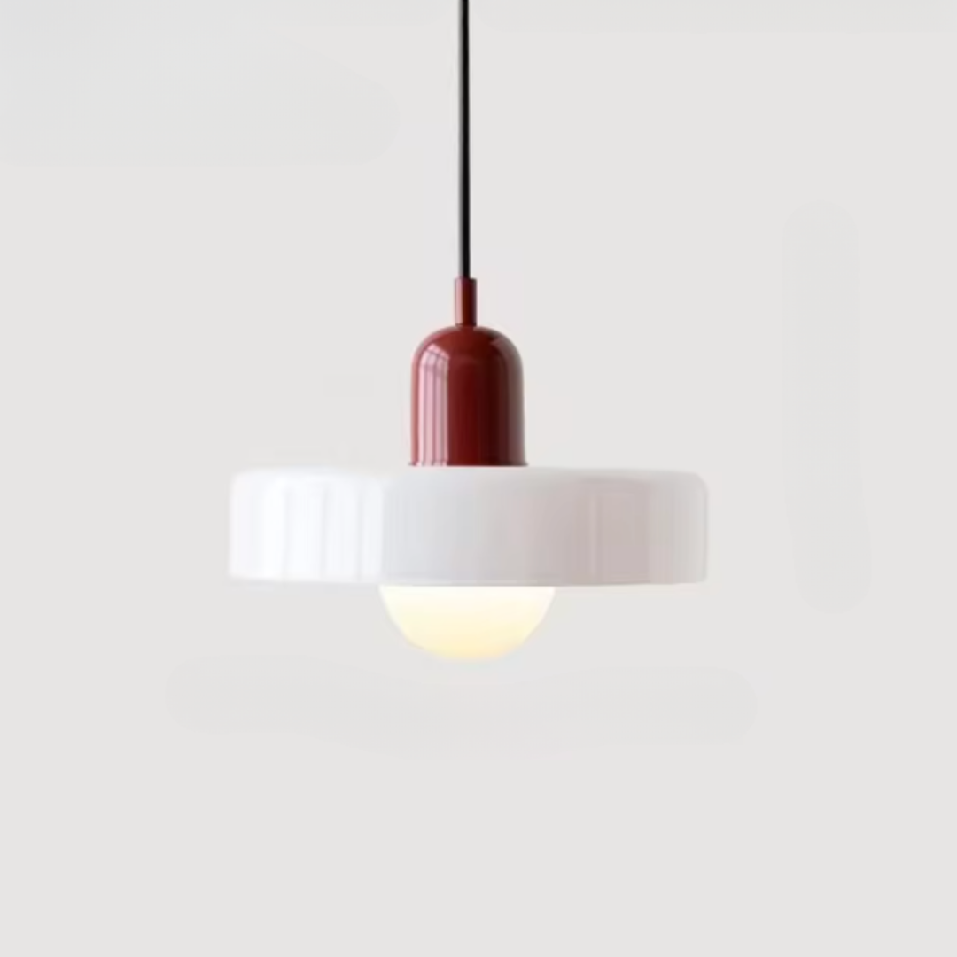 Kalle beige and white Bauhaus dual-tone glass pendant light hanging above a dining table