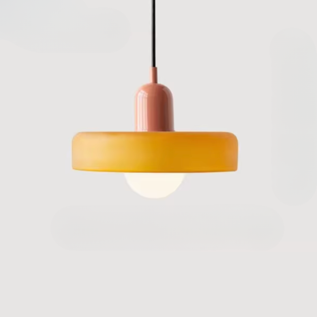 Kalle beige and white Bauhaus dual-tone glass pendant light hanging above a dining table