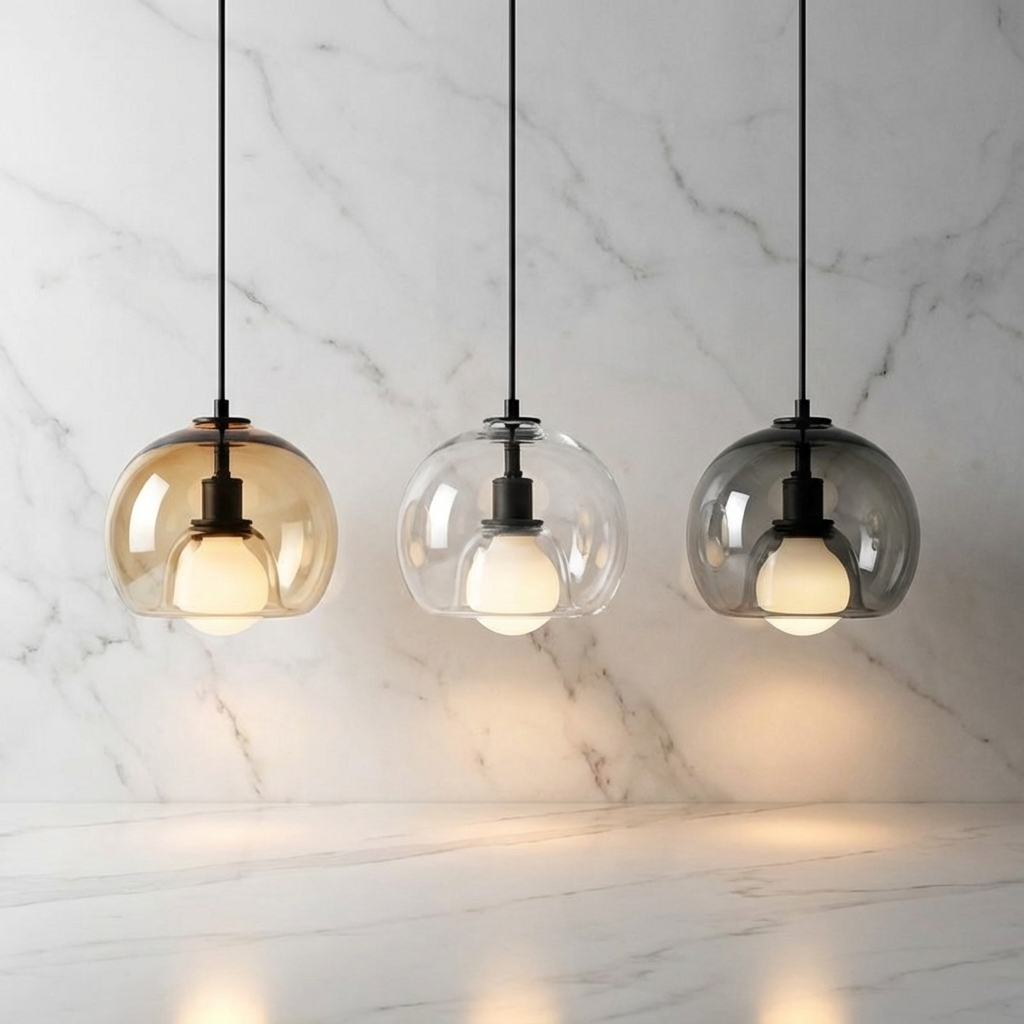 Anele smoke grey dome glass pendant light in a row of three above a kitchen island