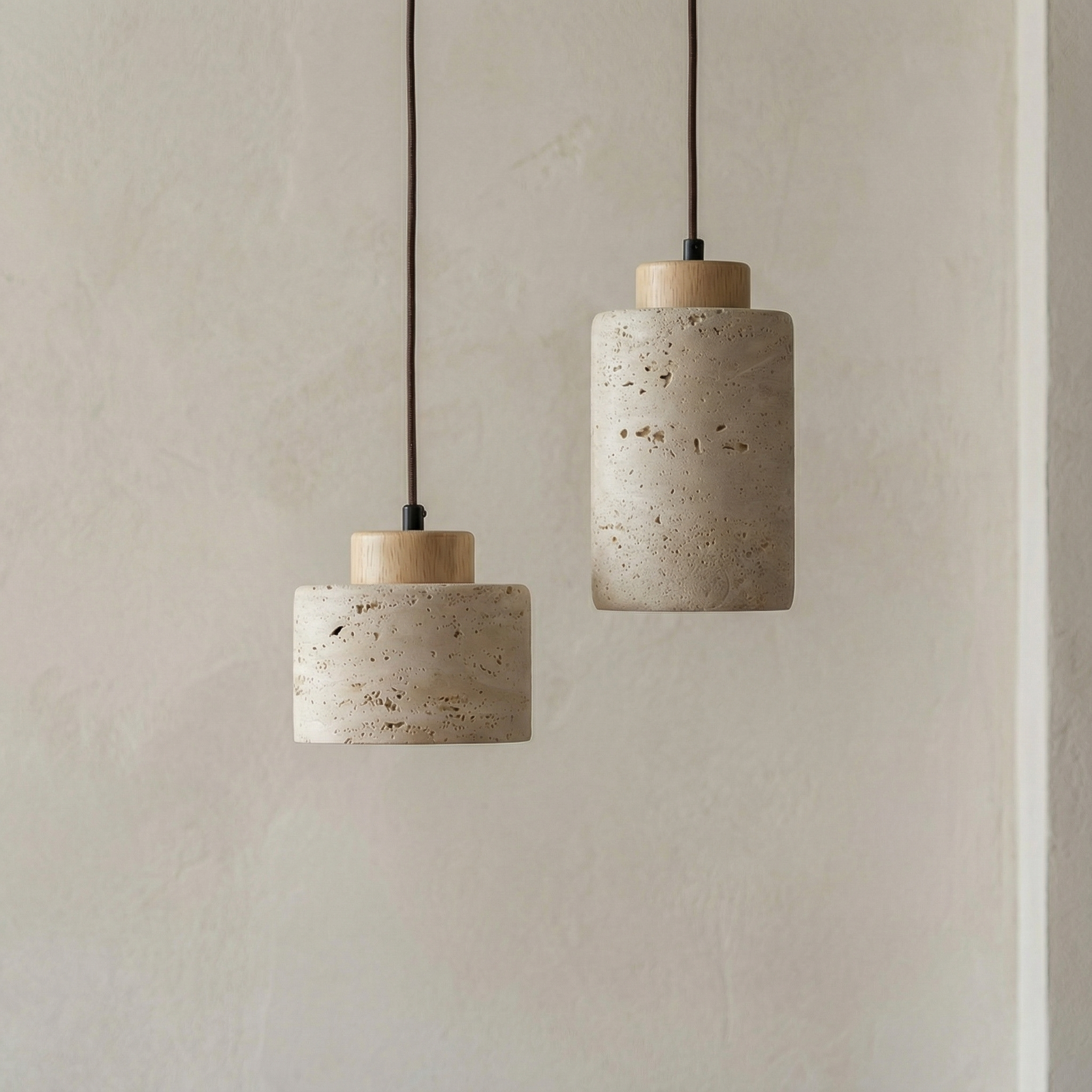 Vidar stone-effect sculptural pendant light in light finish above a dining table
