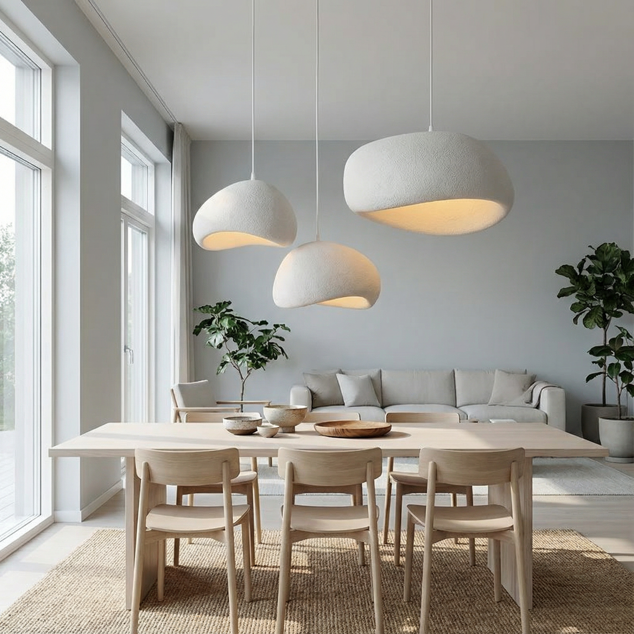 Stellan white stone-inspired minimalist pendant light in a Nordic bedroom