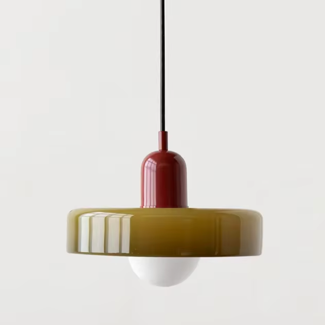 Kalle beige and white Bauhaus dual-tone glass pendant light hanging above a dining table