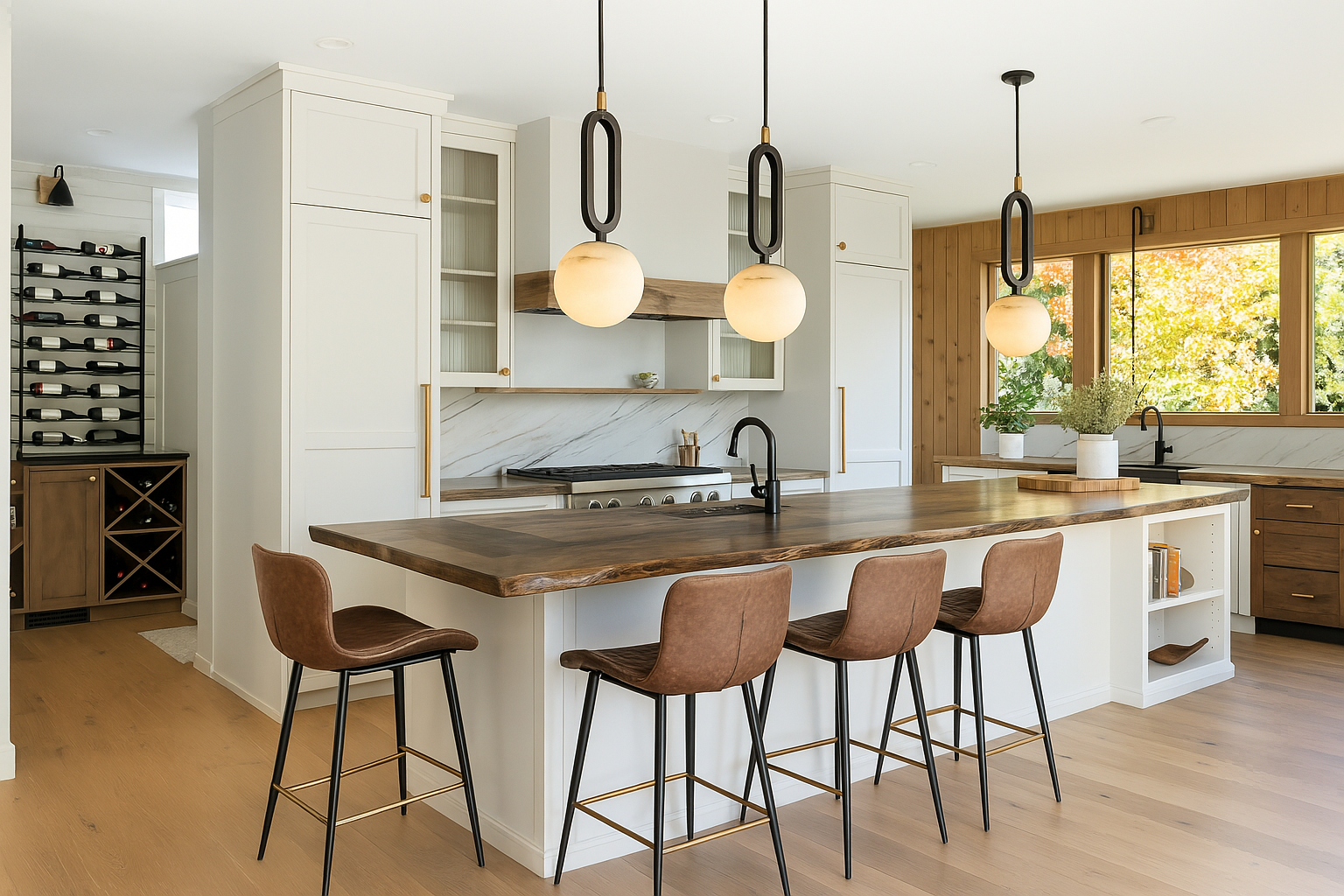 Hulda natural marble pendant light with copper accents above a formal dining table