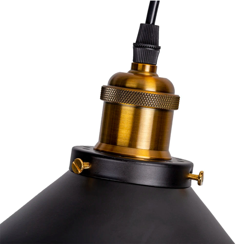 Camden vintage loft pendant light in black metal finish hanging above a kitchen dining table