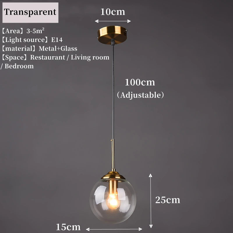 Orla amber glass and metal pendant light hanging above a bedside table in a Nordic-style bedroom