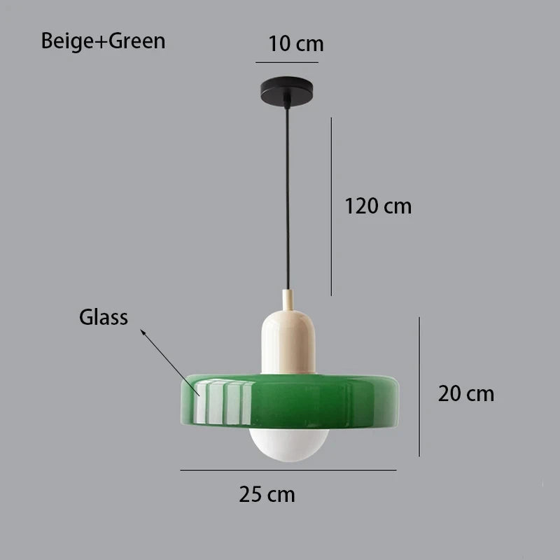 Bauhaus multi-pendant glass chandelier with orange shades hanging above a dining table in a café