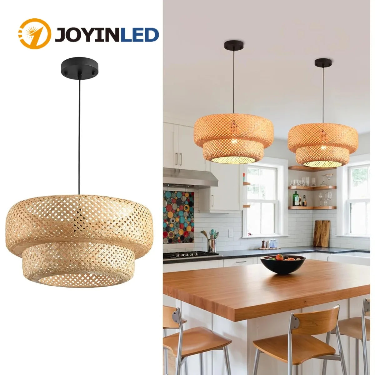 Halcyon double-weave bamboo pendant light hanging above a kitchen island in a modern British home