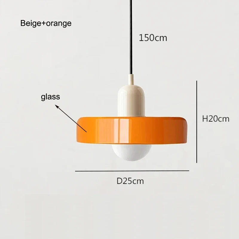 Bauhaus multi-pendant glass chandelier with orange shades hanging above a dining table in a café