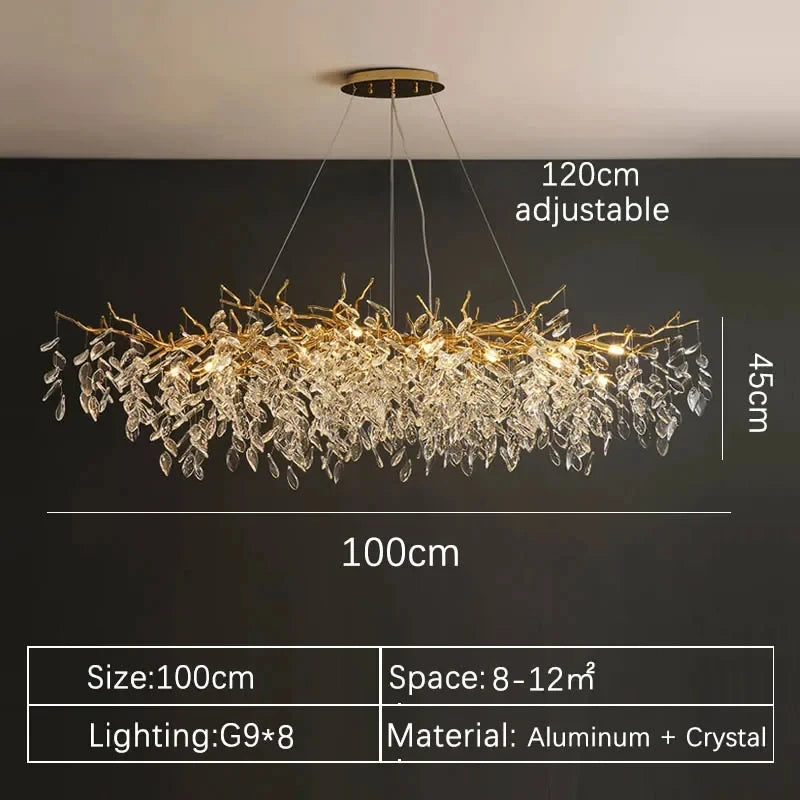 Aurelius brushed gold crystal LED chandelier hanging in a formal dining room