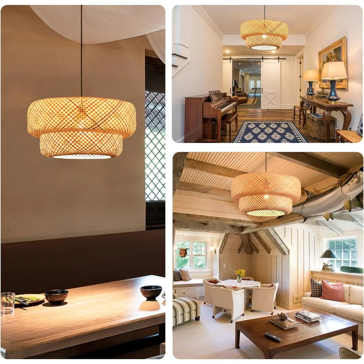 Halcyon double-weave bamboo pendant light hanging above a kitchen island in a modern British home