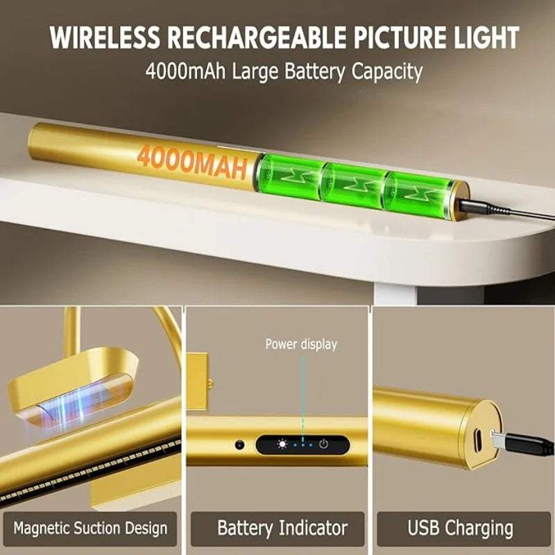 Gallery rechargeable picture light mounted above a framed painting in a living room