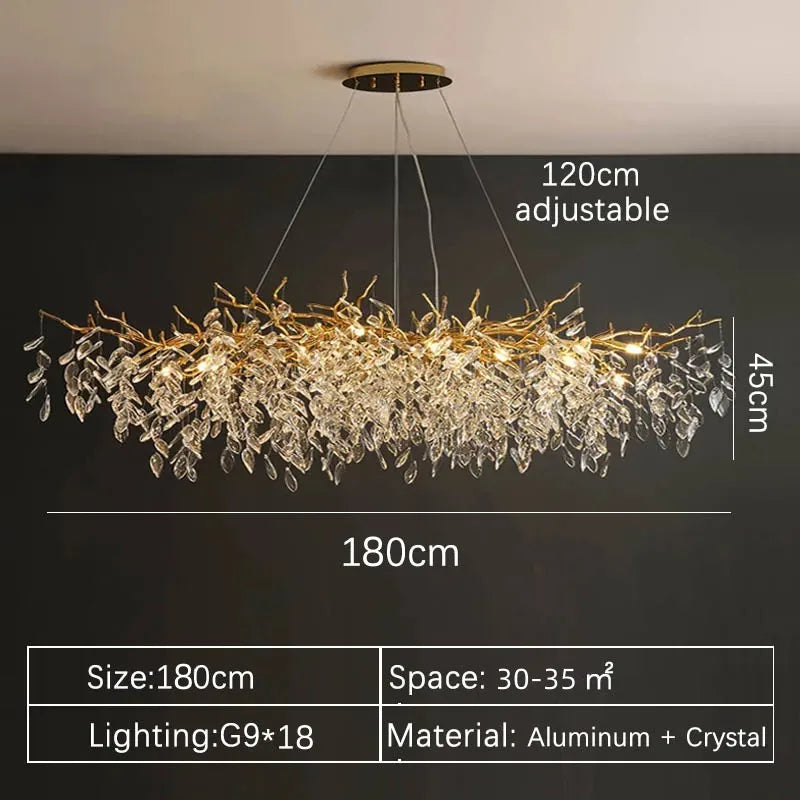 Aurelius brushed gold crystal LED chandelier hanging in a formal dining room