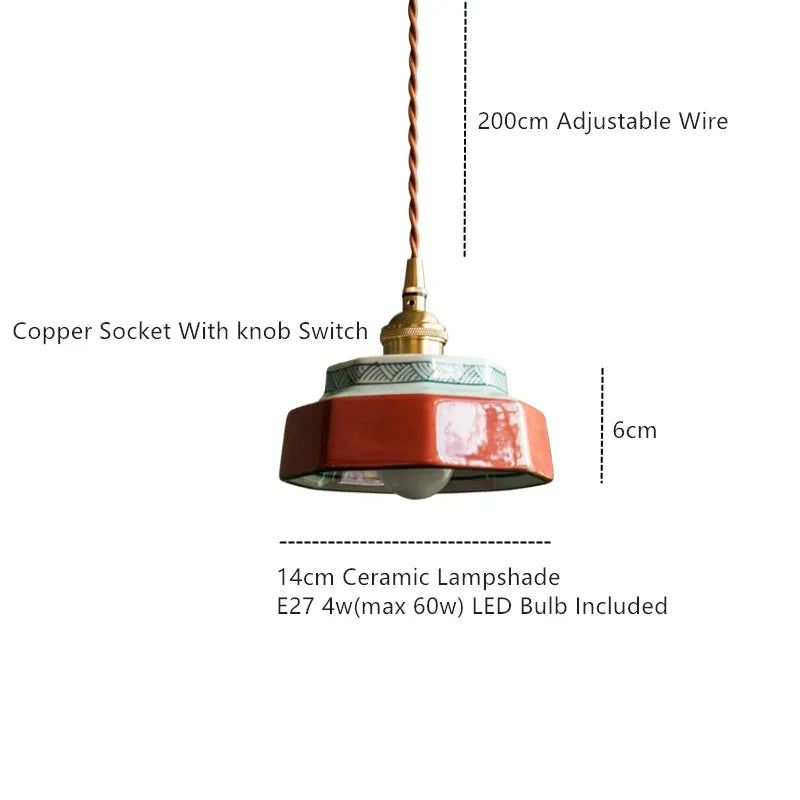 Kensington hand-painted red ceramic pendant light with copper fitting in a dining room