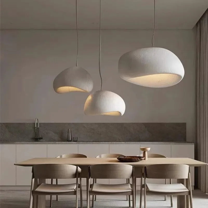 Stellan white stone-inspired minimalist pendant light in a Nordic bedroom