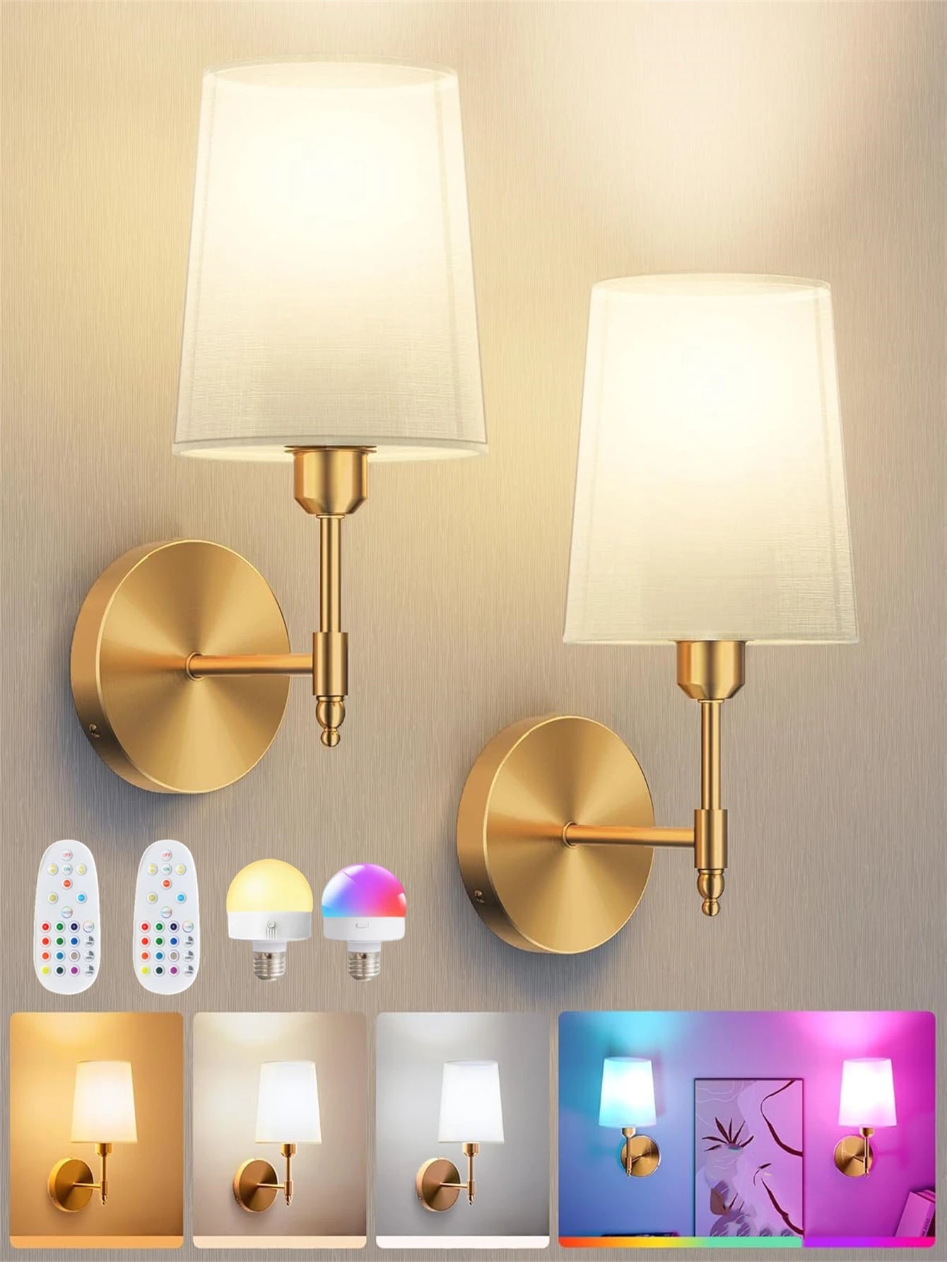Aero wireless rechargeable wall light in gold with detachable bulb mounted in a living room