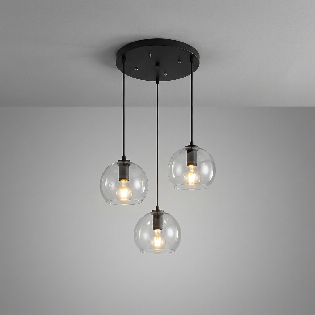 Anele smoke grey dome glass pendant light in a row of three above a kitchen island