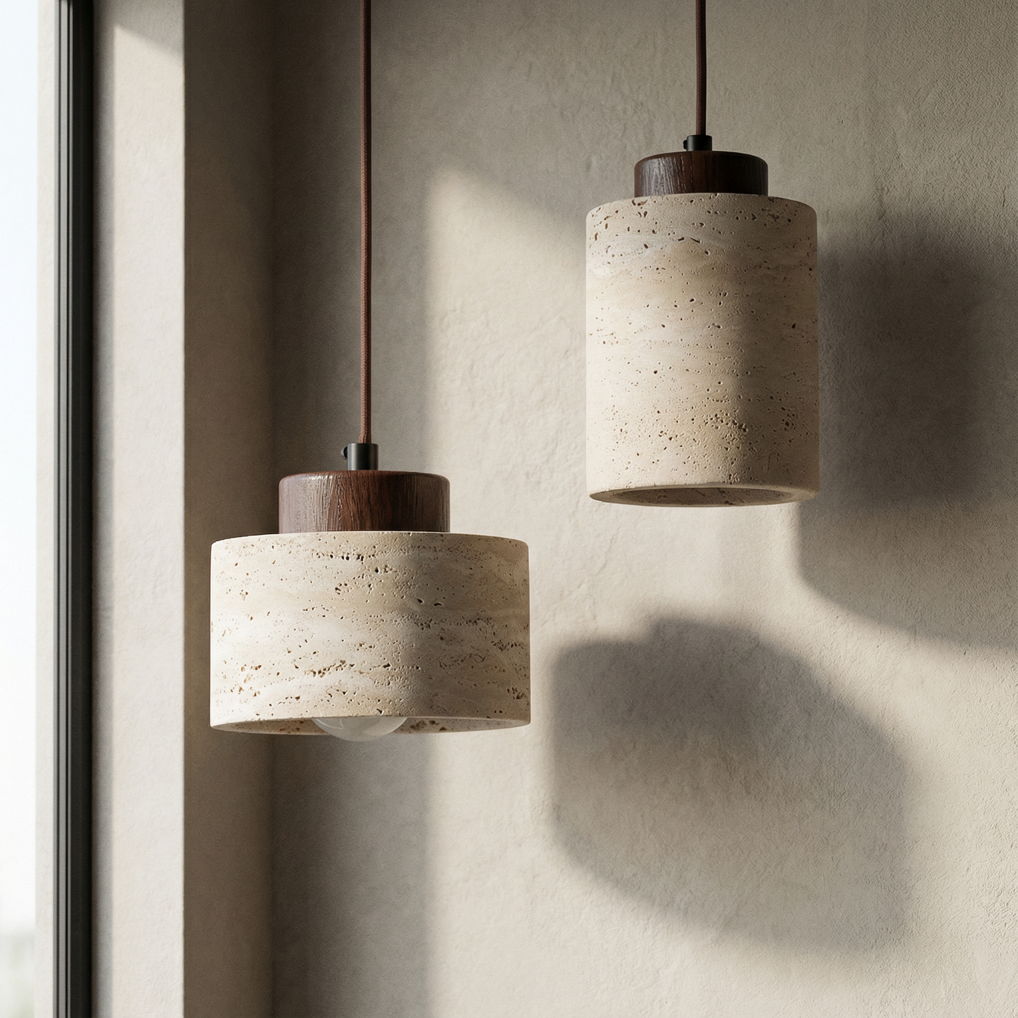 Vidar stone-effect sculptural pendant light in light finish above a dining table