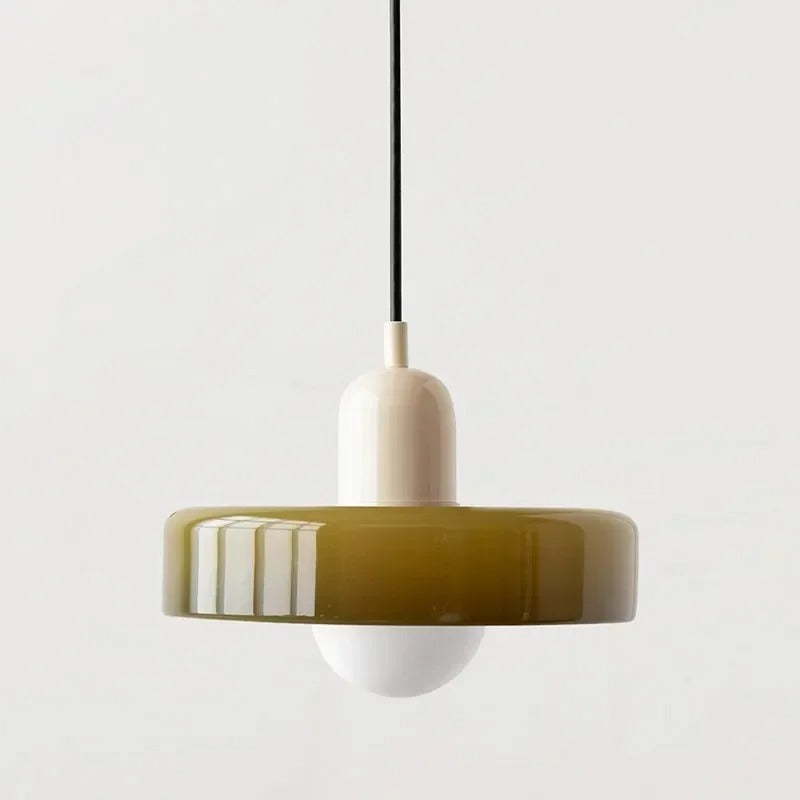 Kalle beige and white Bauhaus dual-tone glass pendant light hanging above a dining table