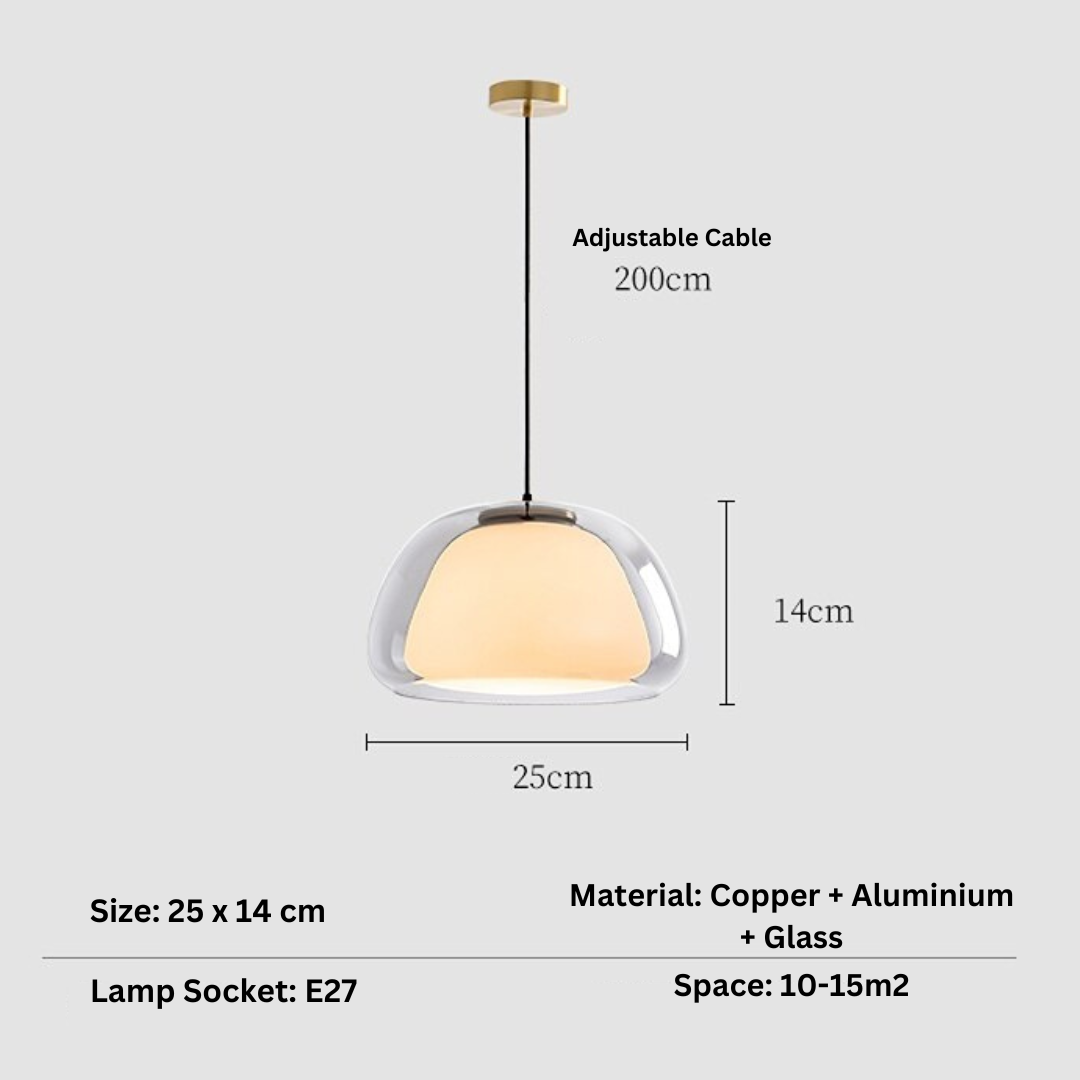 Amba clear jelly globe pendant light with gold fitting hanging above a dining table
