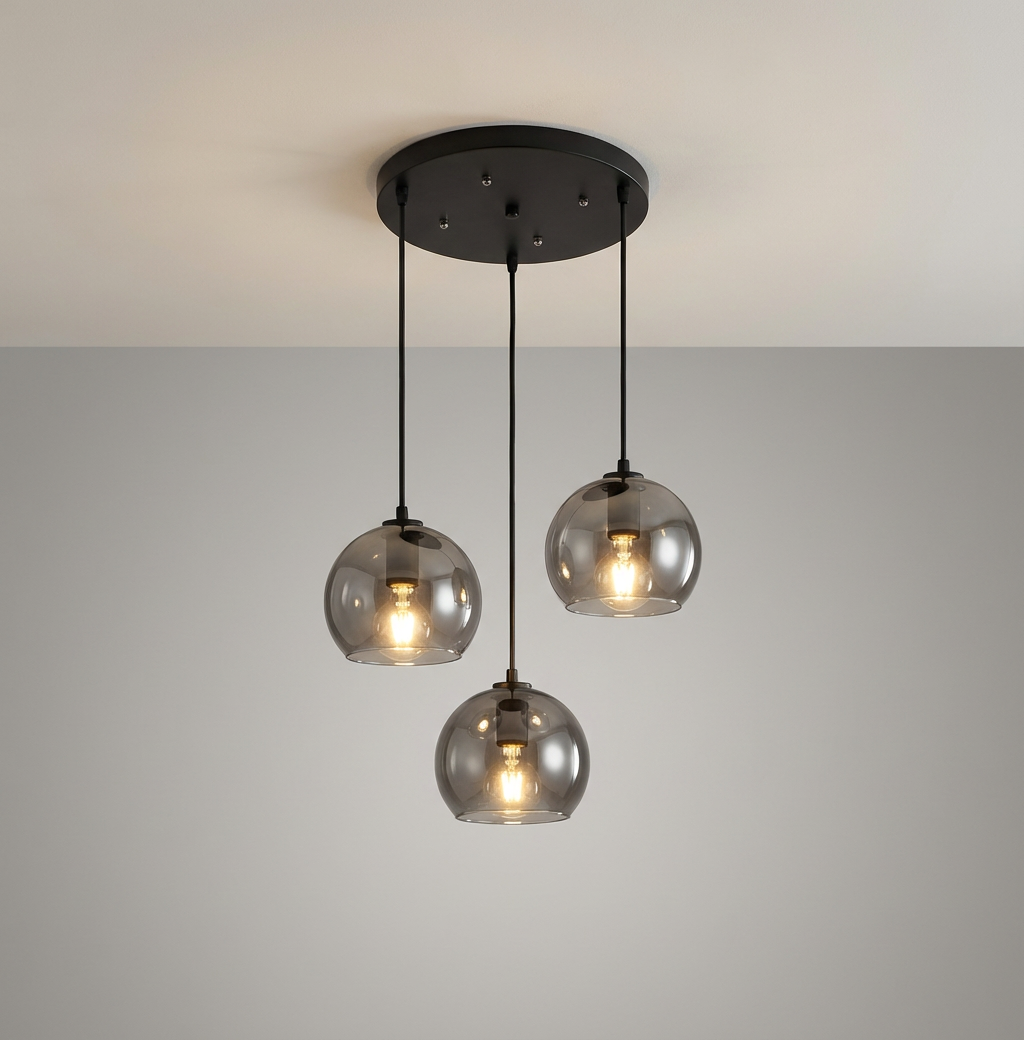Anele smoke grey dome glass pendant light in a row of three above a kitchen island