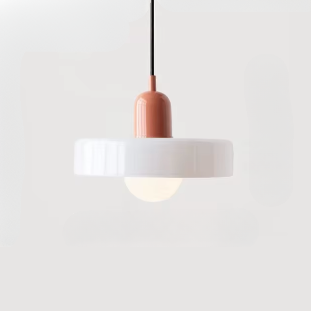 Kalle beige and white Bauhaus dual-tone glass pendant light hanging above a dining table
