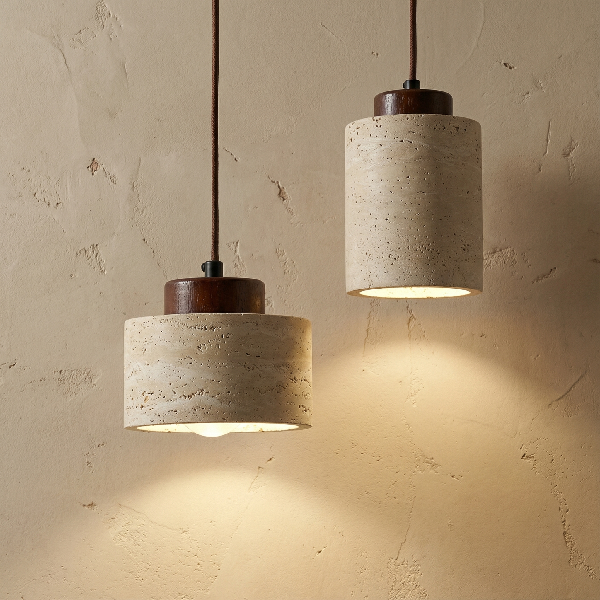 Vidar stone-effect sculptural pendant light in light finish above a dining table