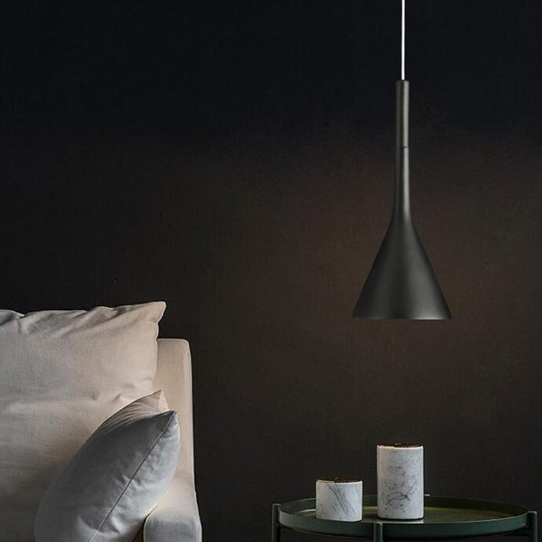 Moderna black aluminium Nordic pendant light with adjustable cord above a kitchen island
