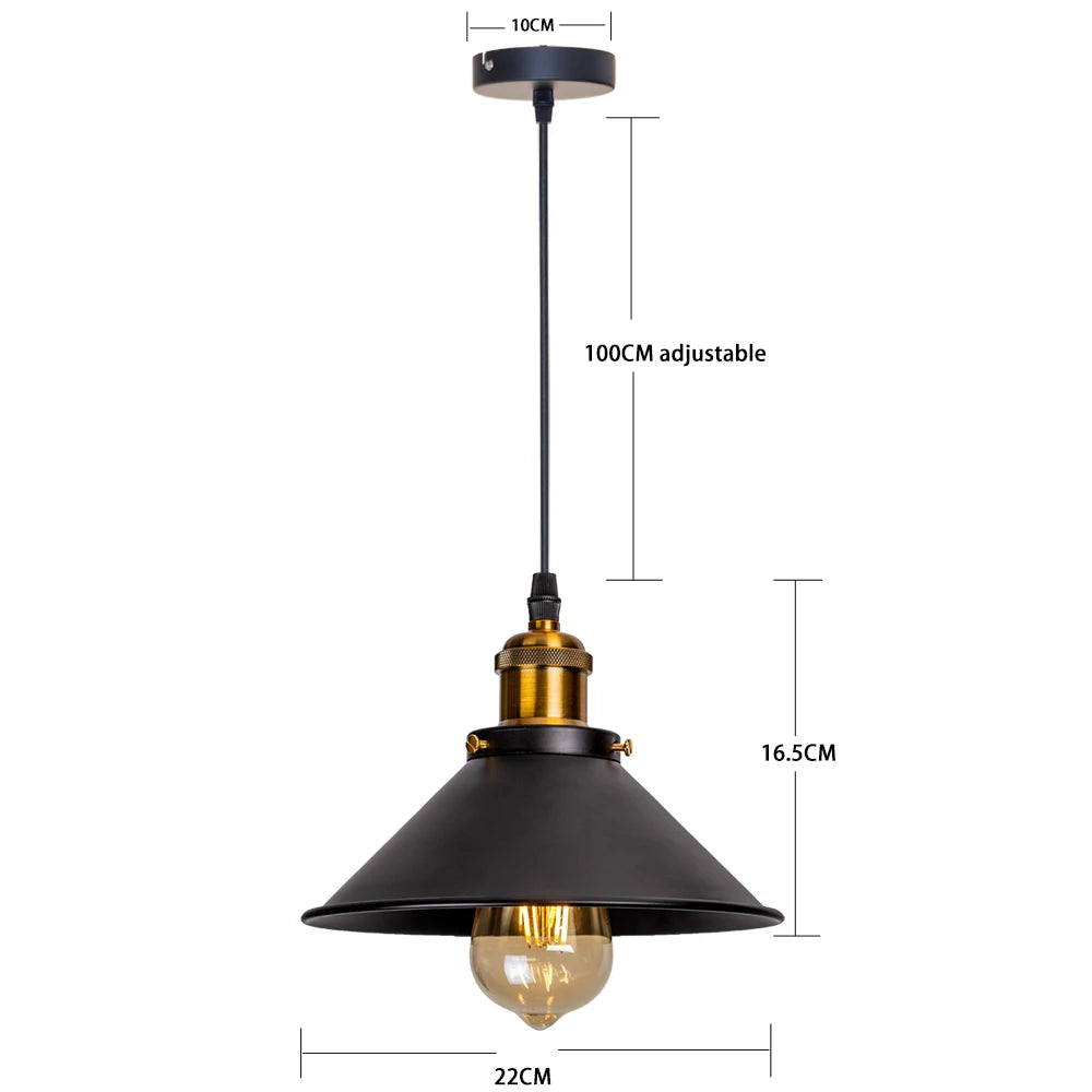 Camden vintage loft pendant light in black metal finish hanging above a kitchen dining table