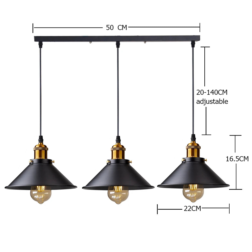 Camden vintage loft pendant light in black metal finish hanging above a kitchen dining table