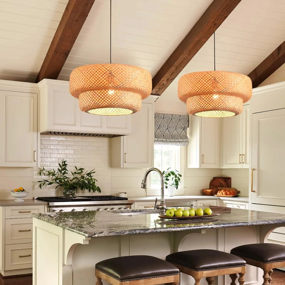 Halcyon double-weave bamboo pendant light hanging above a kitchen island in a modern British home