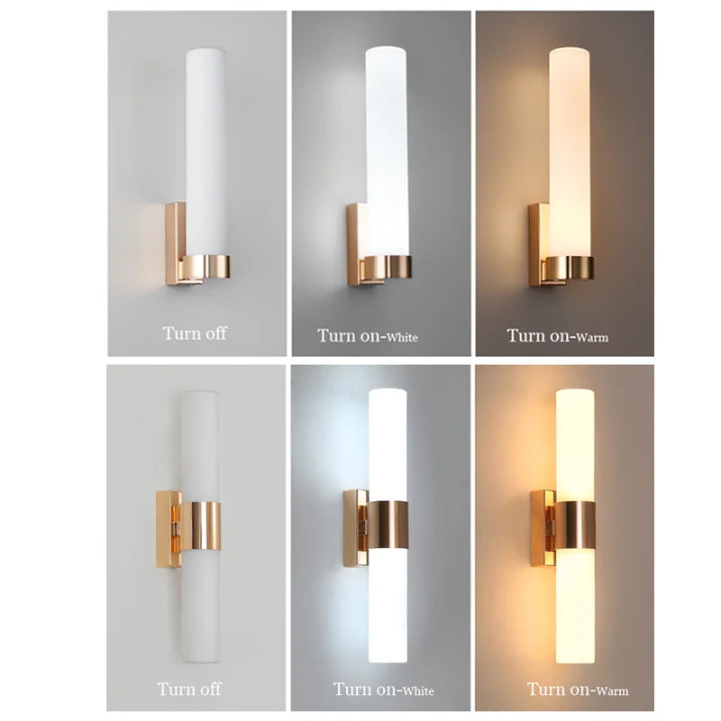 Harlow gold glass wall sconce with copper arm mounted in a living room beside an armchair
