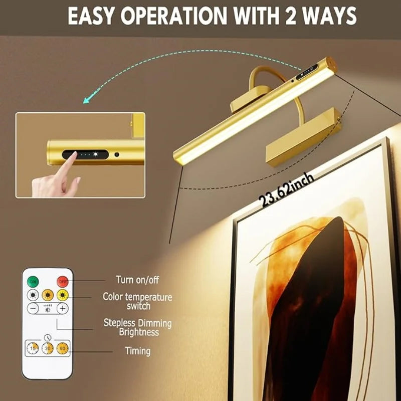 Gallery rechargeable picture light mounted above a framed painting in a living room