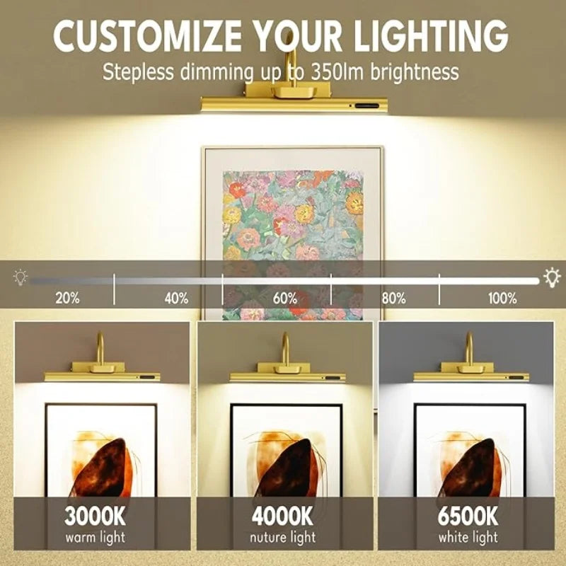 Gallery rechargeable picture light mounted above a framed painting in a living room