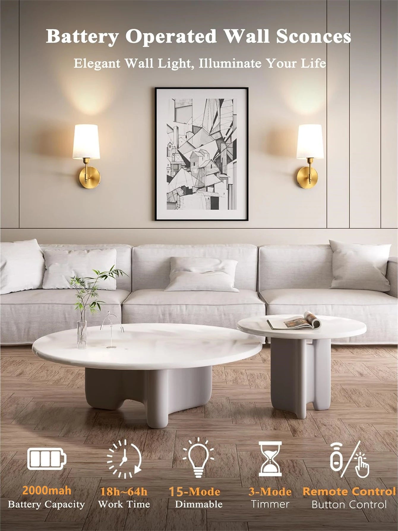 Aero wireless rechargeable wall light in gold with detachable bulb mounted in a living room