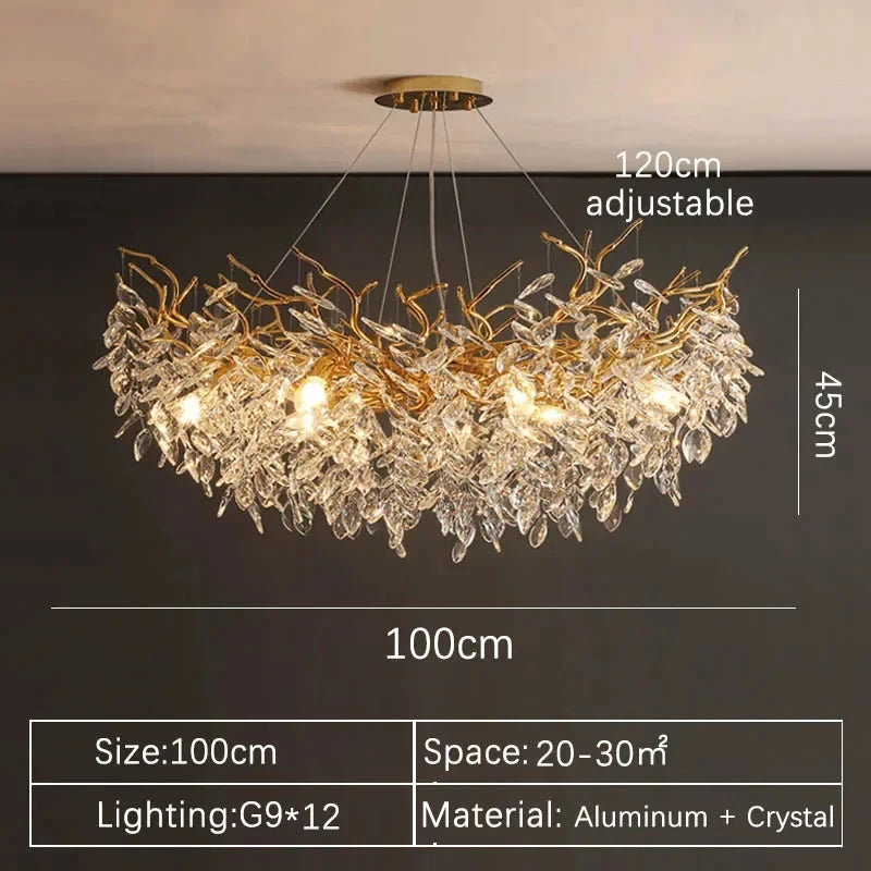 Aurelius brushed gold crystal LED chandelier hanging in a formal dining room