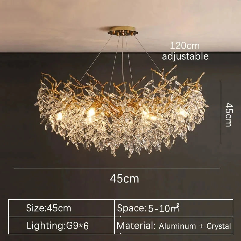 Aurelius brushed gold crystal LED chandelier hanging in a formal dining room