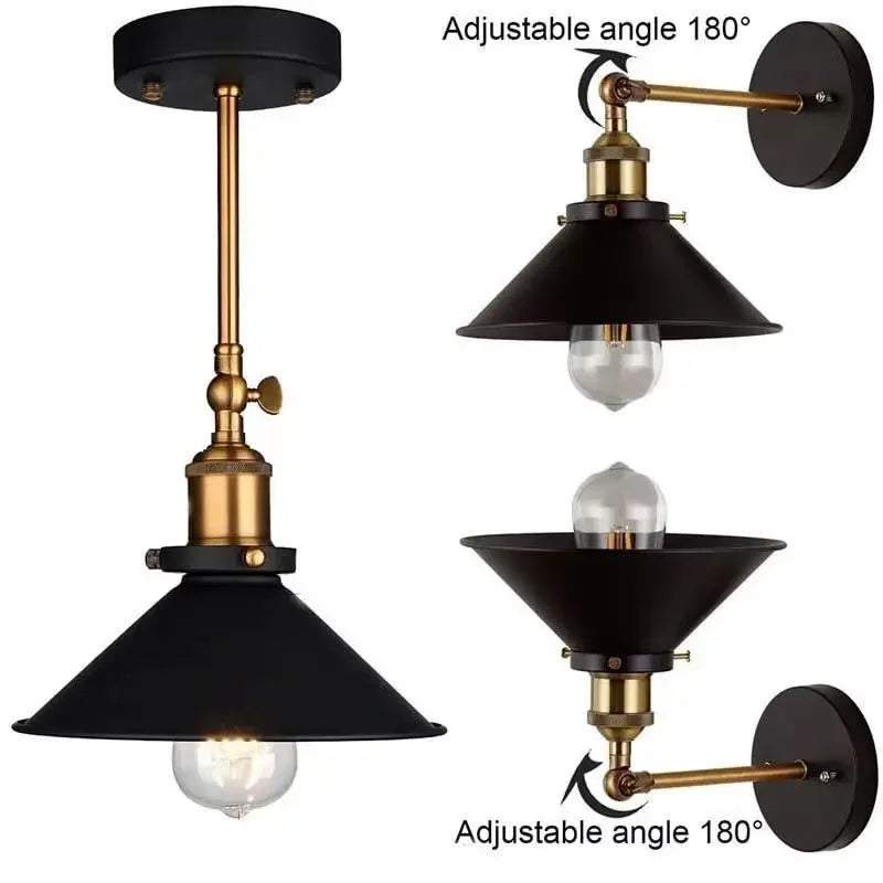Edison industrial iron wall lamp in matte black mounted on a brick staircase wall