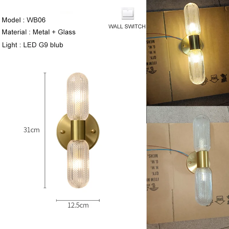 Harlow gold glass wall sconce with copper arm mounted in a living room beside an armchair