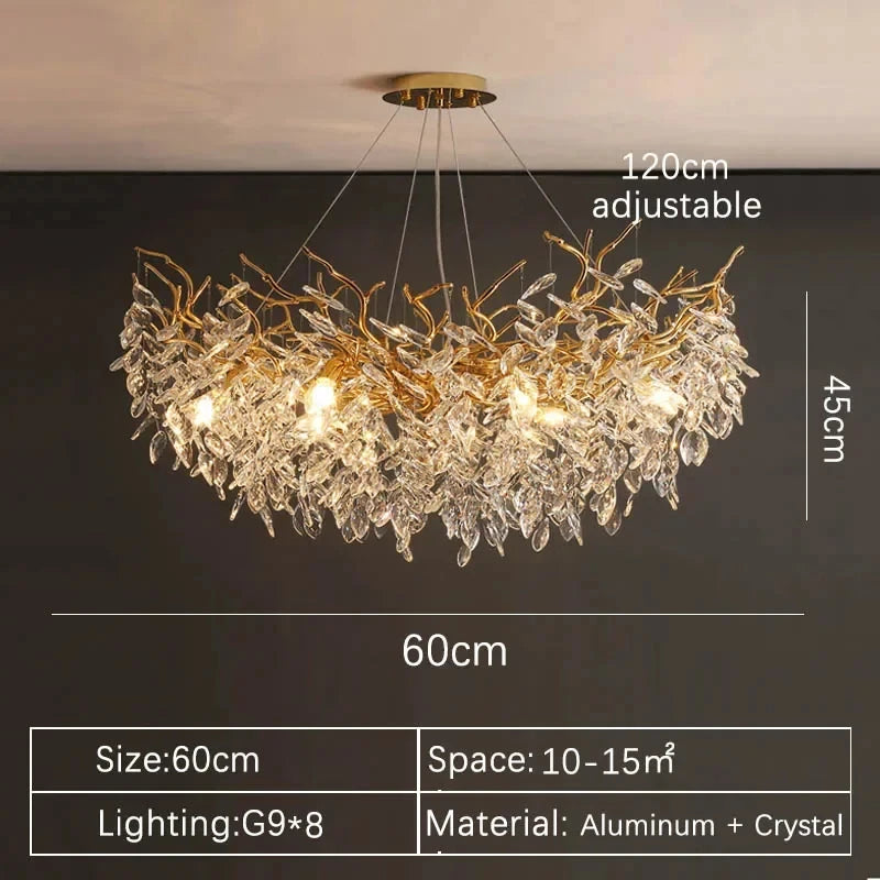 Aurelius brushed gold crystal LED chandelier hanging in a formal dining room