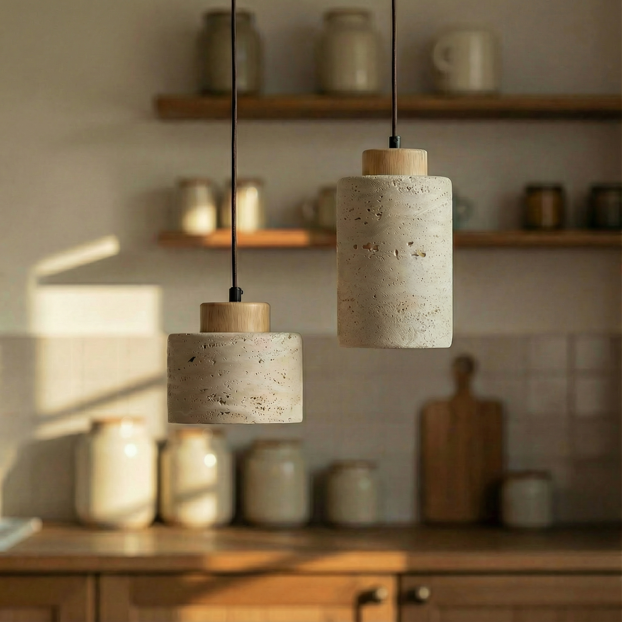 Vidar stone-effect sculptural pendant light in light finish above a dining table