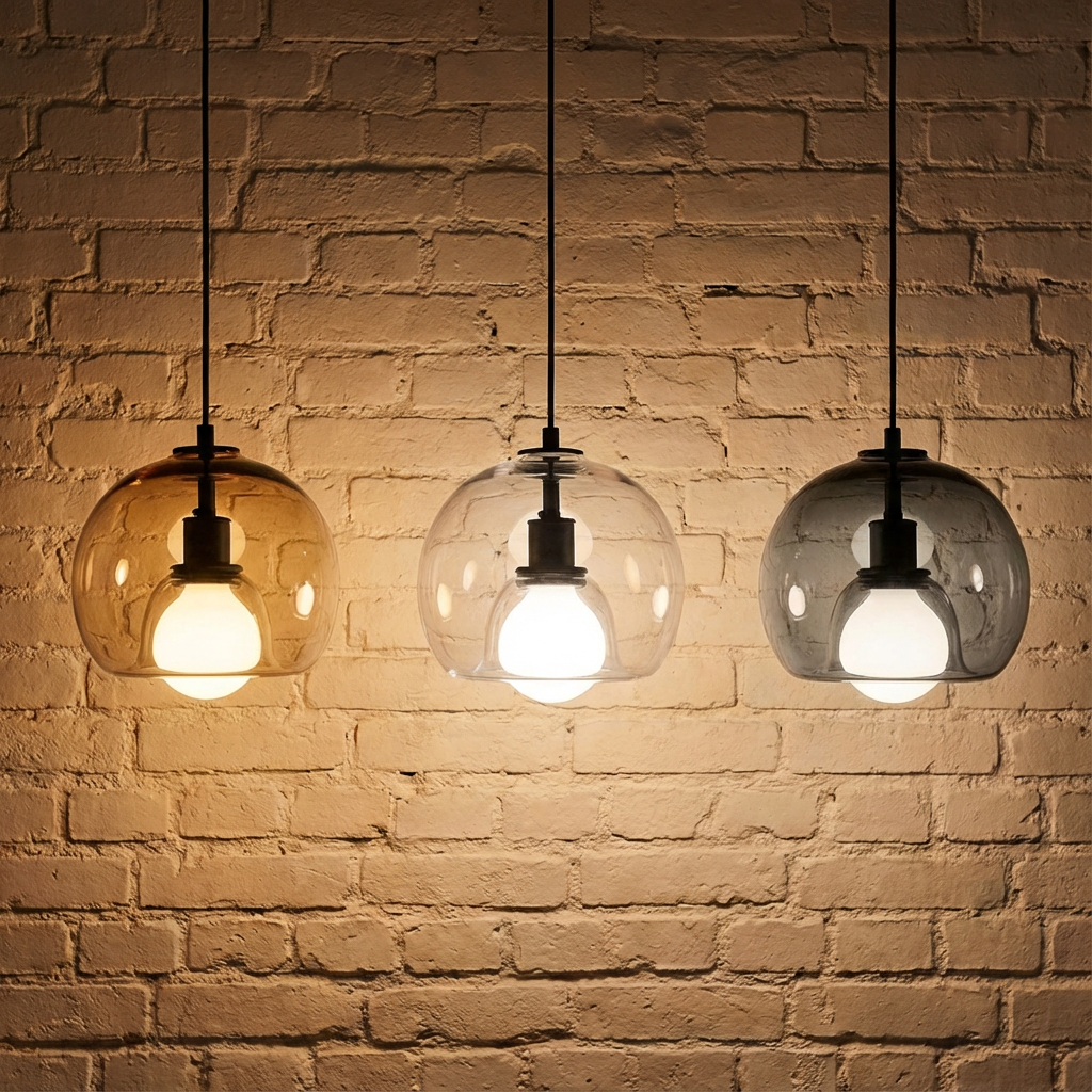 Anele smoke grey dome glass pendant light in a row of three above a kitchen island