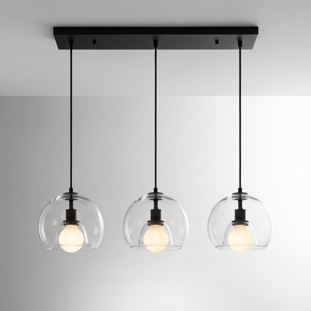 Anele smoke grey dome glass pendant light in a row of three above a kitchen island