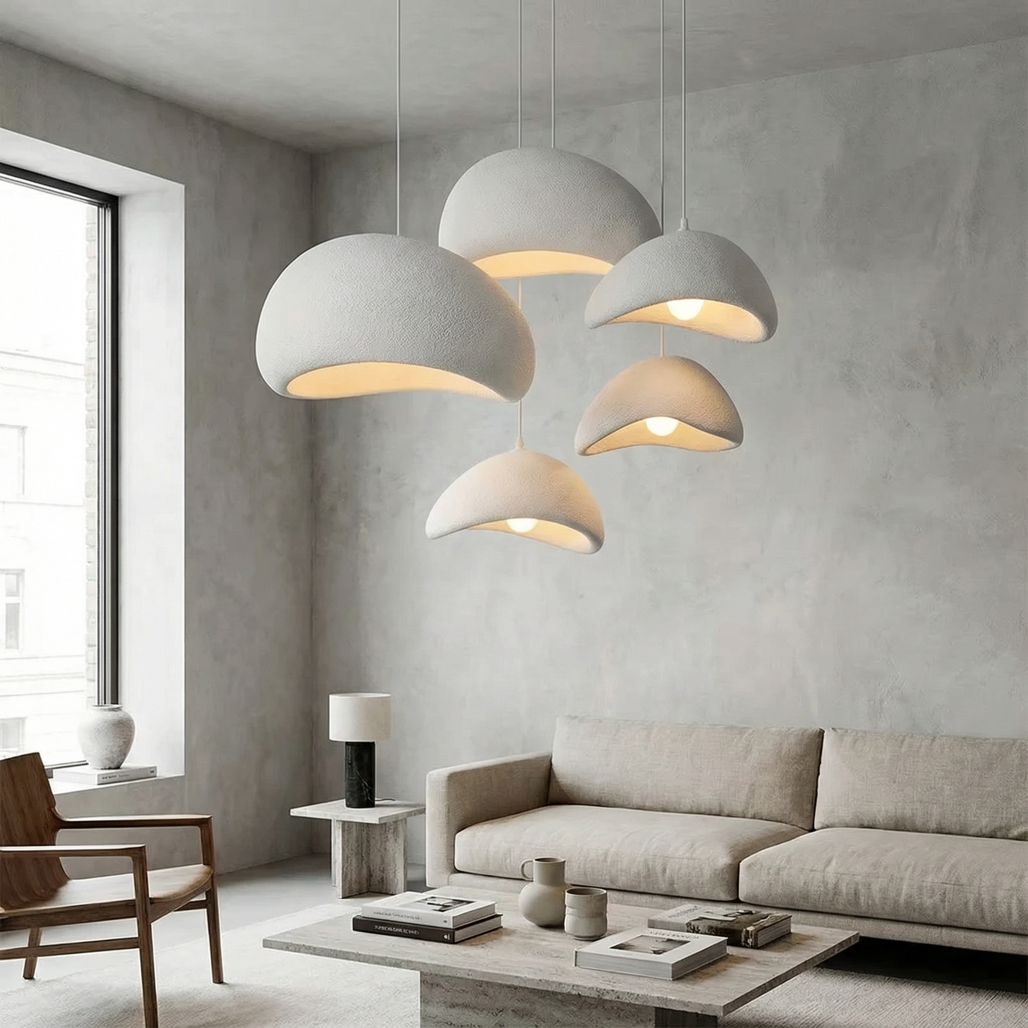 Stellan white stone-inspired minimalist pendant light in a Nordic bedroom