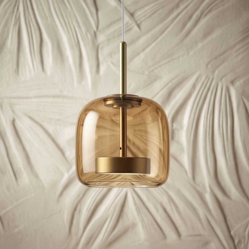 Astrid amber glass Nordic pendant light with gold fitting above a dining table